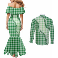 Green Hawaii Palaka Couples Matching Mermaid Dress and Long Sleeve Button Shirt Hawaiian Pikake Lei LT05 - Polynesian Pride