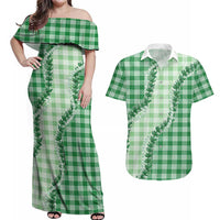Green Hawaii Palaka Couples Matching Off Shoulder Maxi Dress and Hawaiian Shirt Hawaiian Pikake Lei LT05 Green - Polynesian Pride