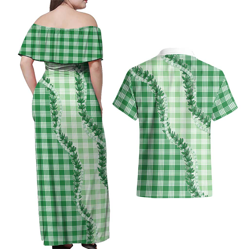 Green Hawaii Palaka Couples Matching Off Shoulder Maxi Dress and Hawaiian Shirt Hawaiian Pikake Lei LT05 - Polynesian Pride