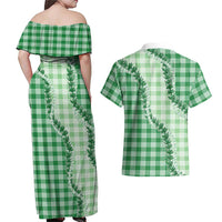 Green Hawaii Palaka Couples Matching Off Shoulder Maxi Dress and Hawaiian Shirt Hawaiian Pikake Lei LT05 - Polynesian Pride