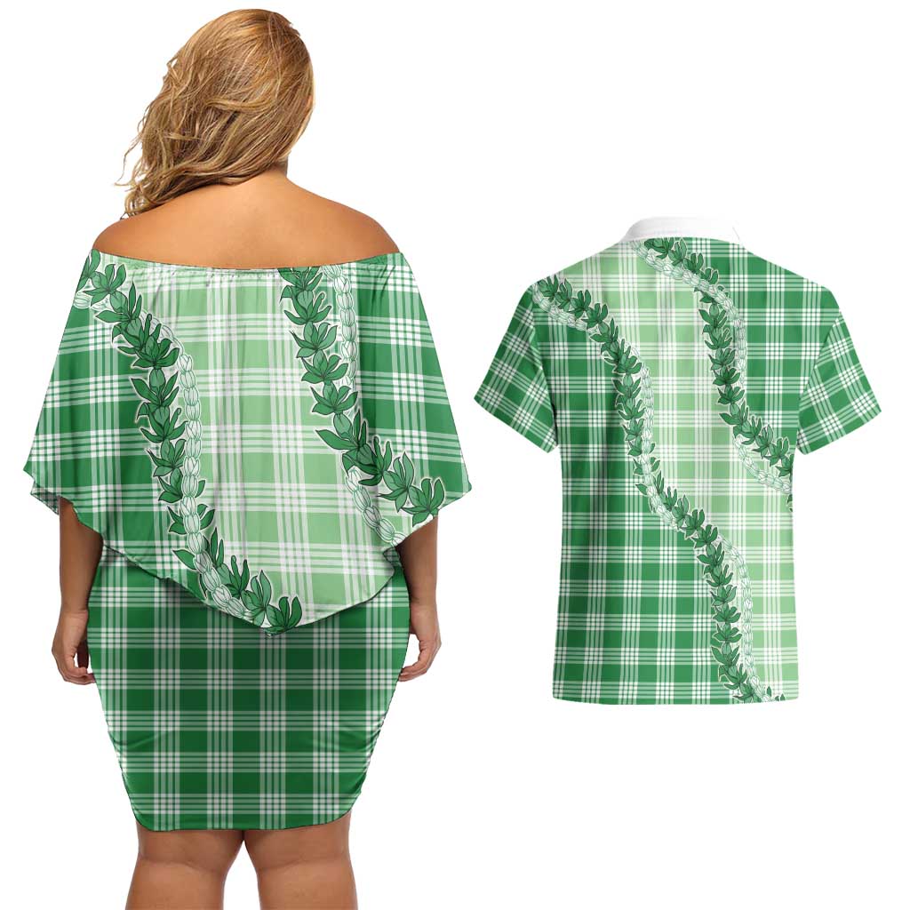 Green Hawaii Palaka Couples Matching Off Shoulder Short Dress and Hawaiian Shirt Hawaiian Pikake Lei