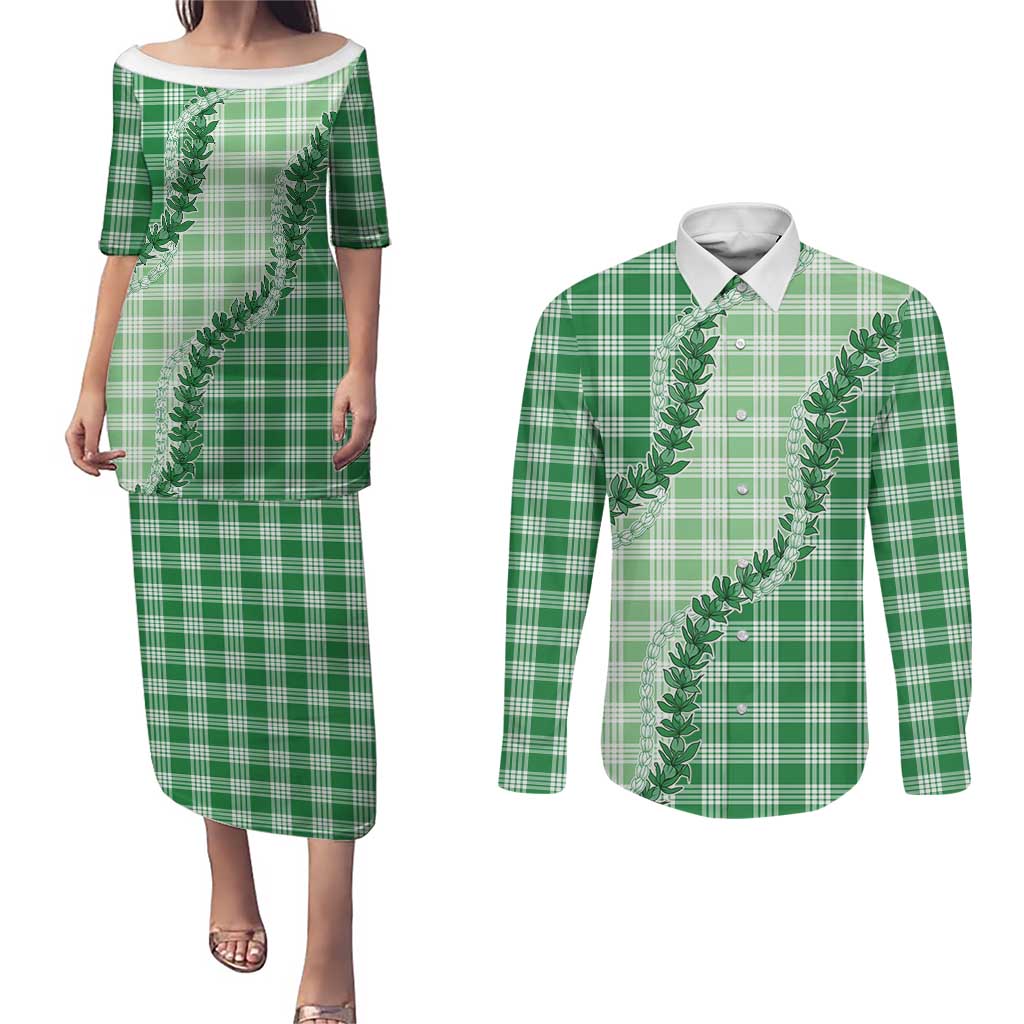 Green Hawaii Palaka Couples Matching Puletasi and Long Sleeve Button Shirt Hawaiian Pikake Lei