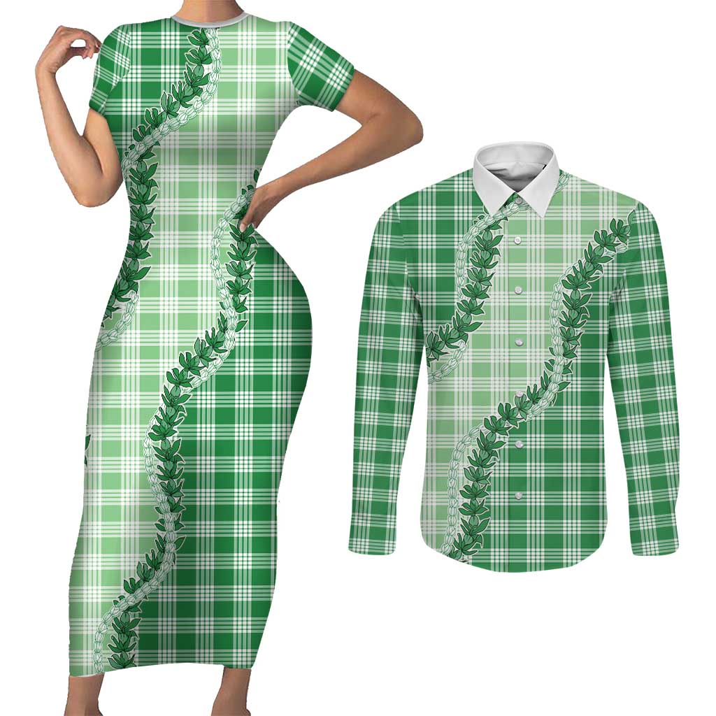 Green Hawaii Palaka Couples Matching Short Sleeve Bodycon Dress and Long Sleeve Button Shirt Hawaiian Pikake Lei