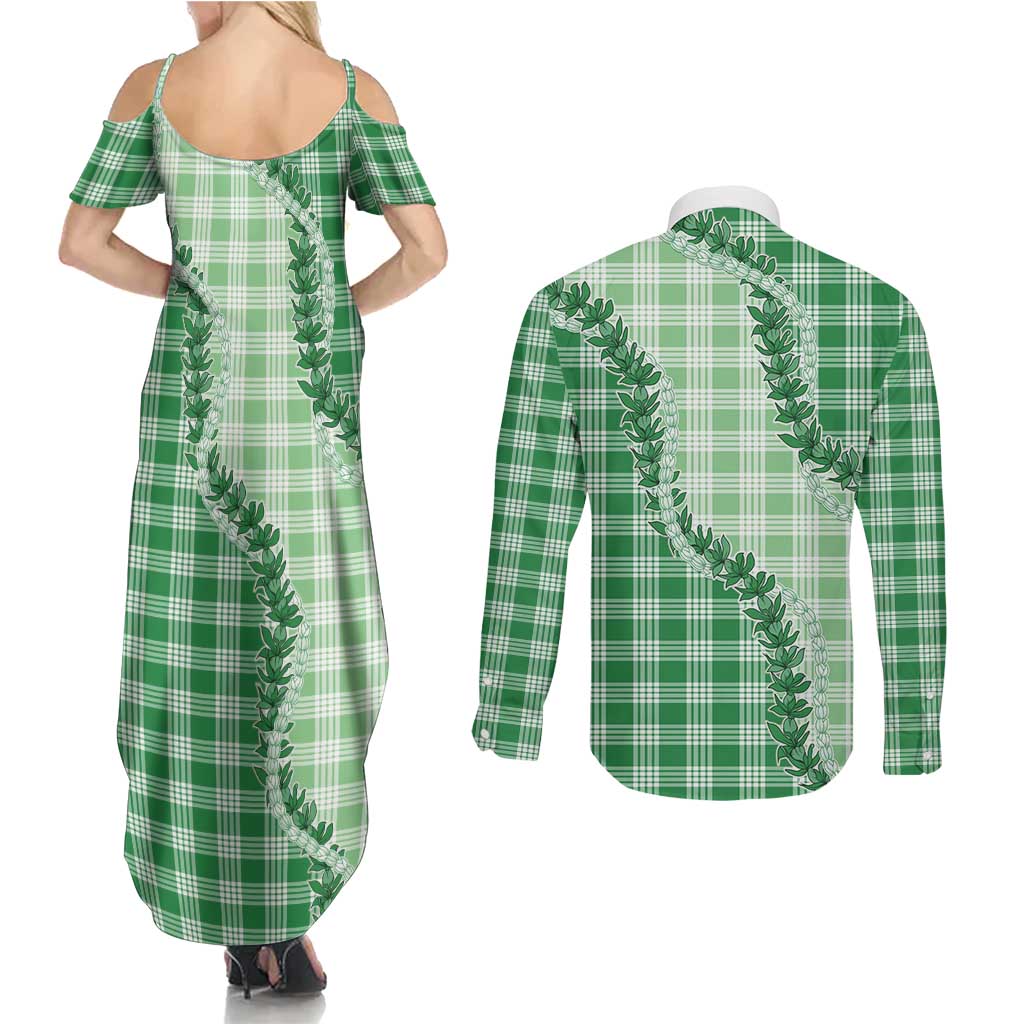 Green Hawaii Palaka Couples Matching Summer Maxi Dress and Long Sleeve Button Shirt Hawaiian Pikake Lei