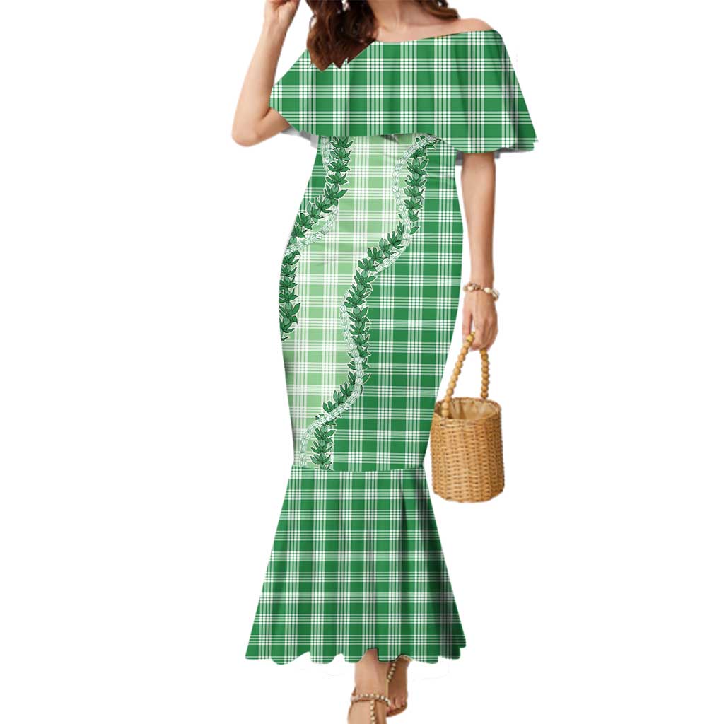 Green Hawaii Palaka Family Matching Mermaid Dress and Hawaiian Shirt Hawaiian Pikake Lei LT05 Mom's Dress Green - Polynesian Pride