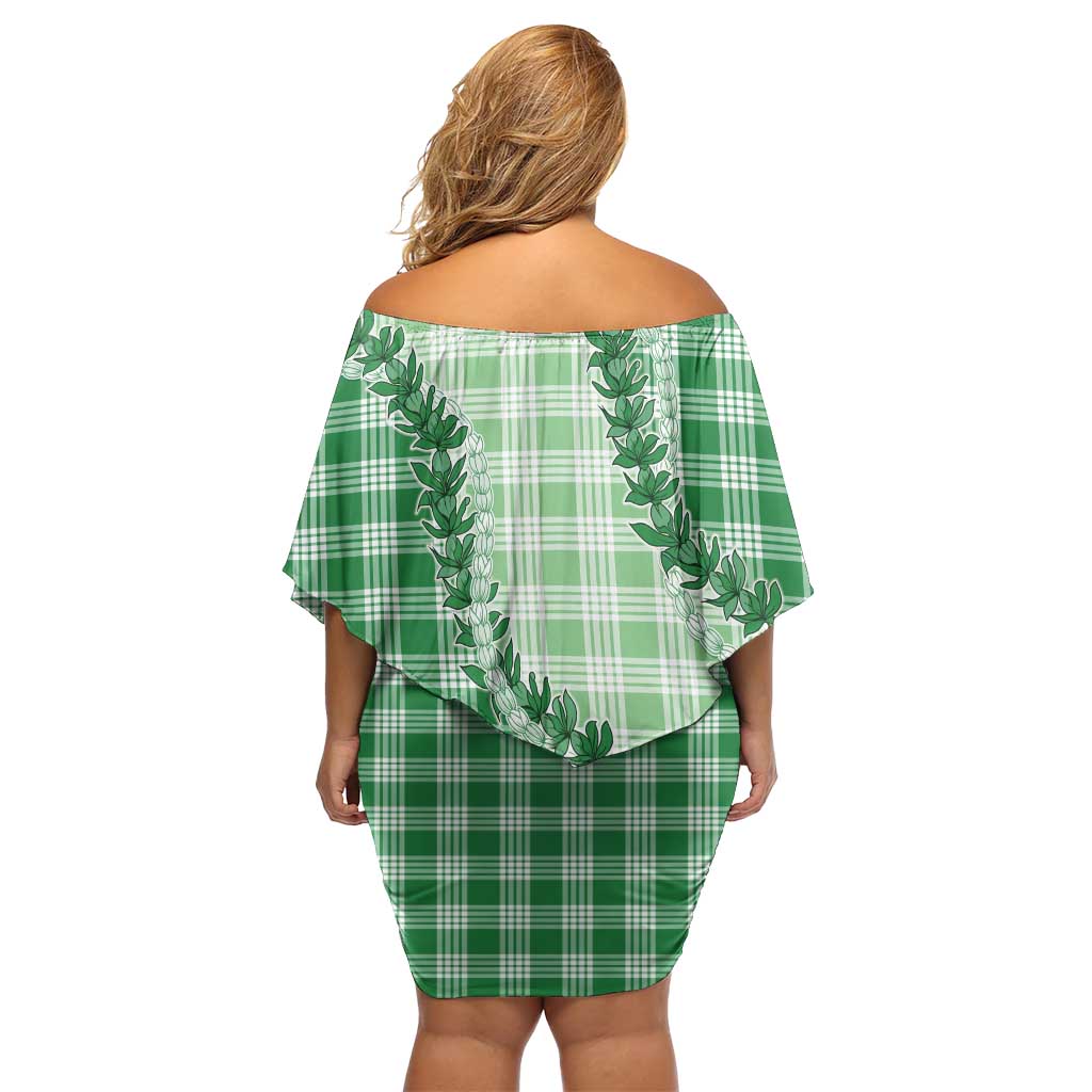 Green Hawaii Palaka Family Matching Off Shoulder Short Dress and Hawaiian Shirt Hawaiian Pikake Lei LT05 - Polynesian Pride