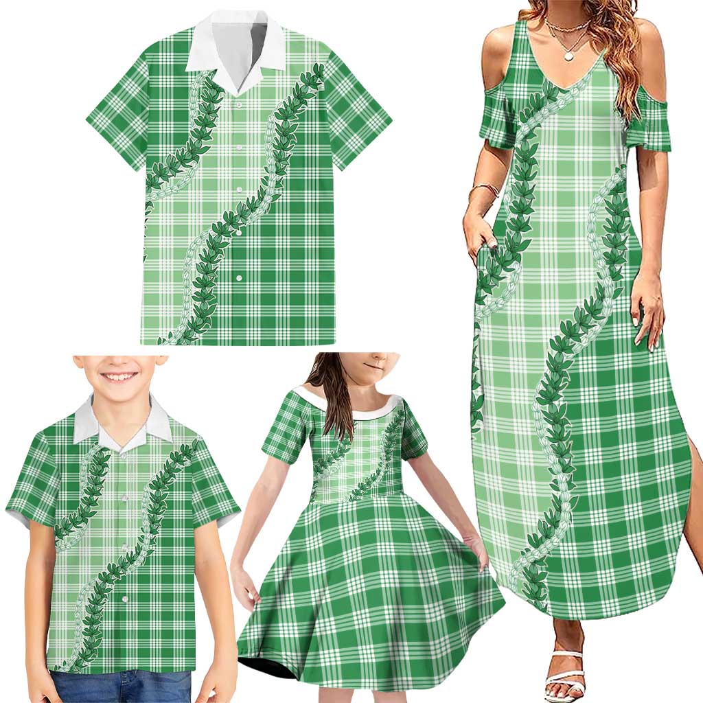 Green Hawaii Palaka Family Matching Summer Maxi Dress and Hawaiian Shirt Hawaiian Pikake Lei LT05 - Polynesian Pride