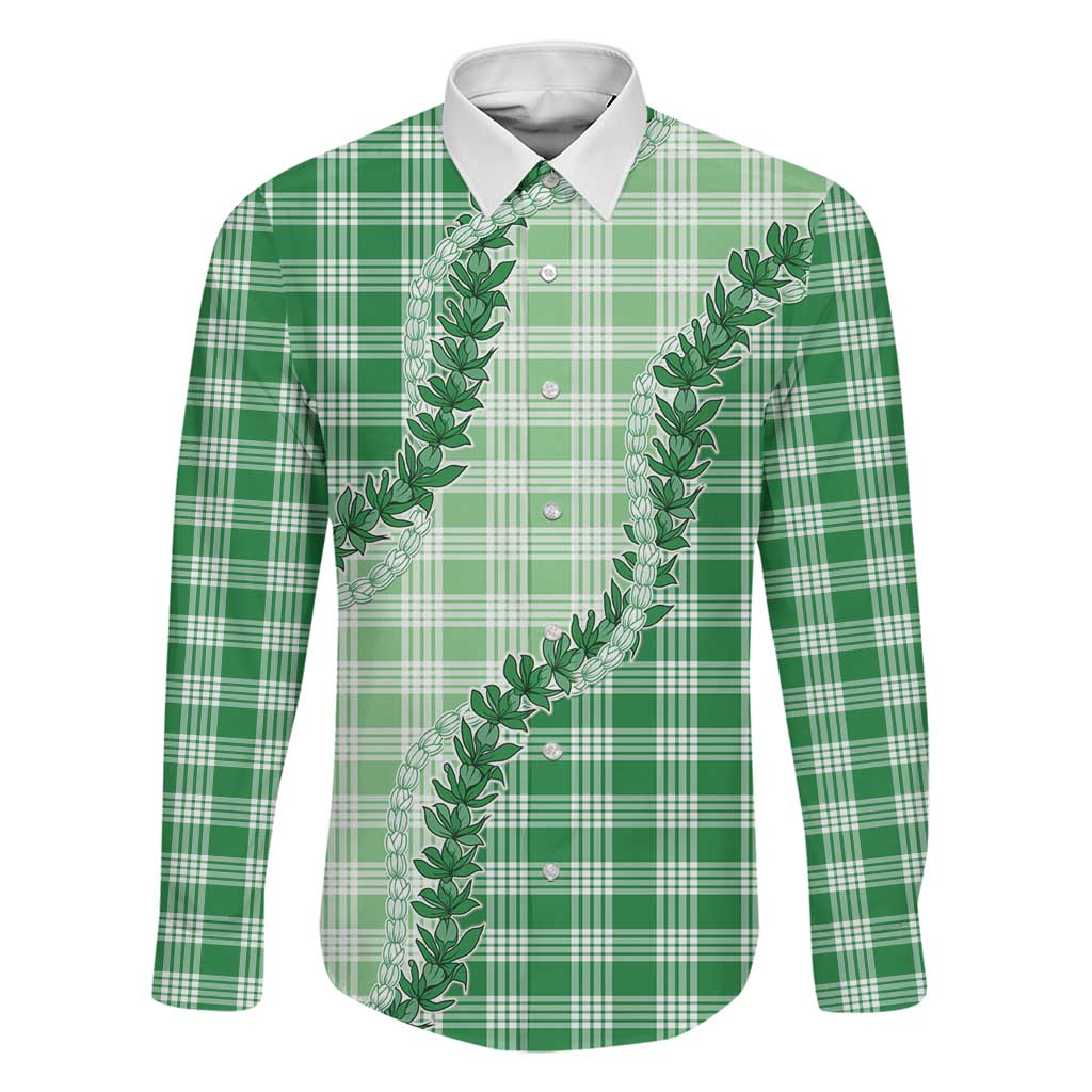 Green Hawaii Palaka Family Matching Summer Maxi Dress and Hawaiian Shirt Hawaiian Pikake Lei LT05 Dad's Shirt - Long Sleeve Green - Polynesian Pride