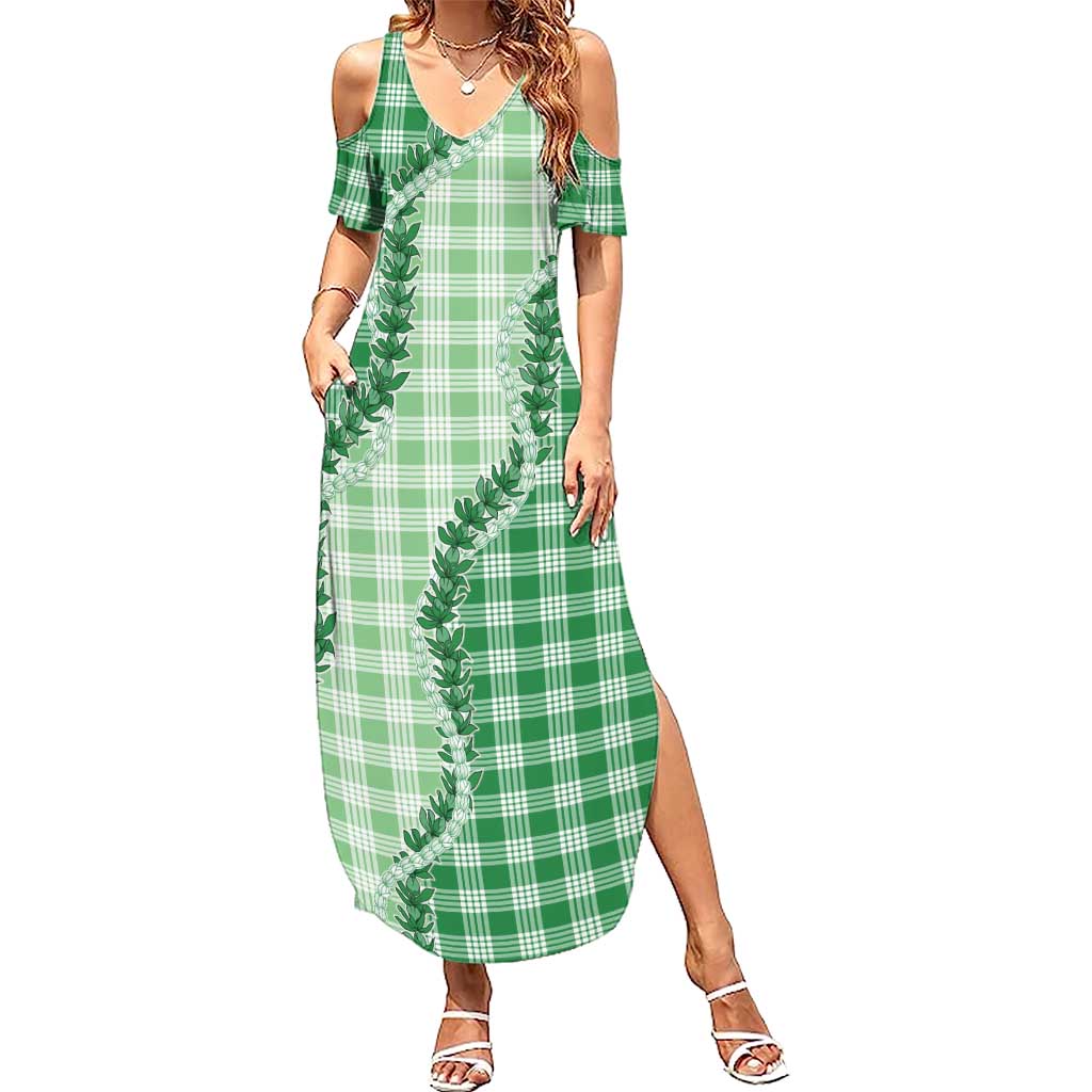 Green Hawaii Palaka Family Matching Summer Maxi Dress and Hawaiian Shirt Hawaiian Pikake Lei LT05 Mom's Dress Green - Polynesian Pride