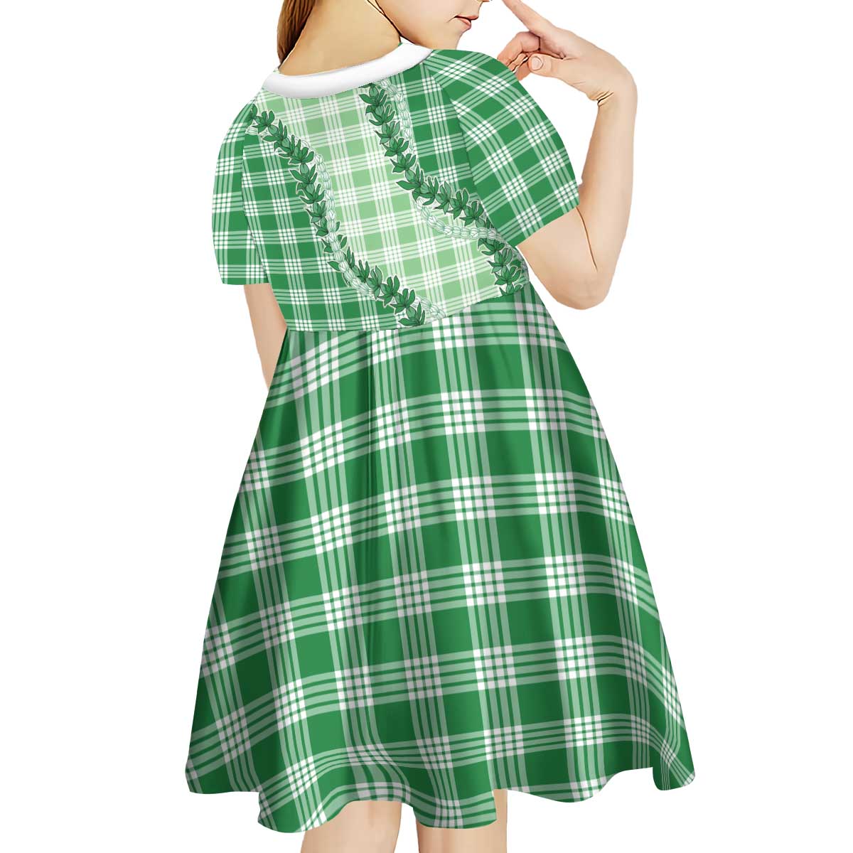 Green Hawaii Palaka Kid Short Sleeve Dress Hawaiian Pikake Lei