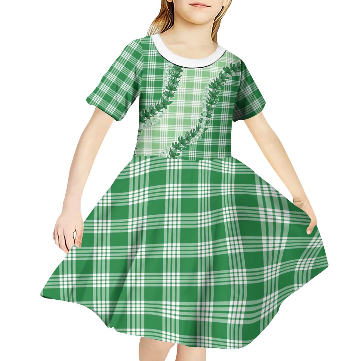 Green Hawaii Palaka Kid Short Sleeve Dress Hawaiian Pikake Lei