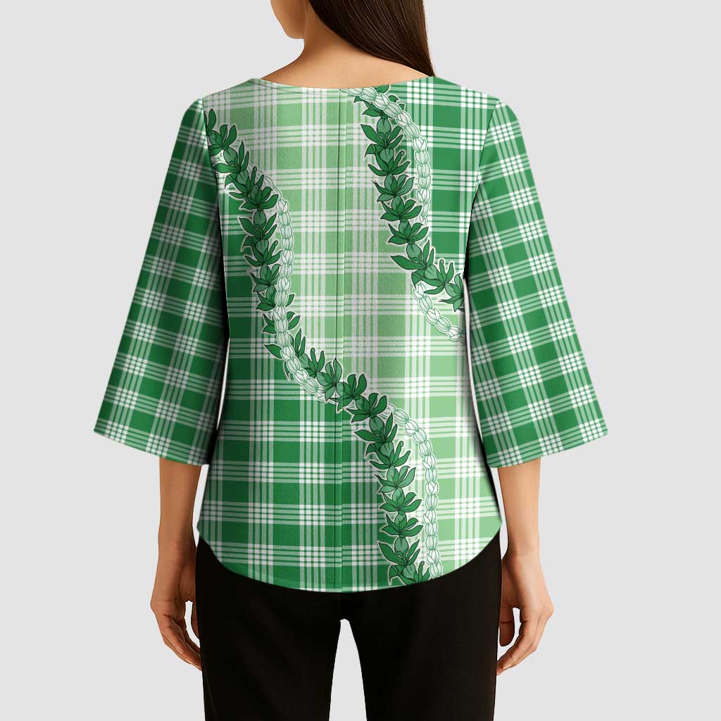 Green Hawaii Palaka Kimono Sleeve Blouse Hawaiian Pikake Lei