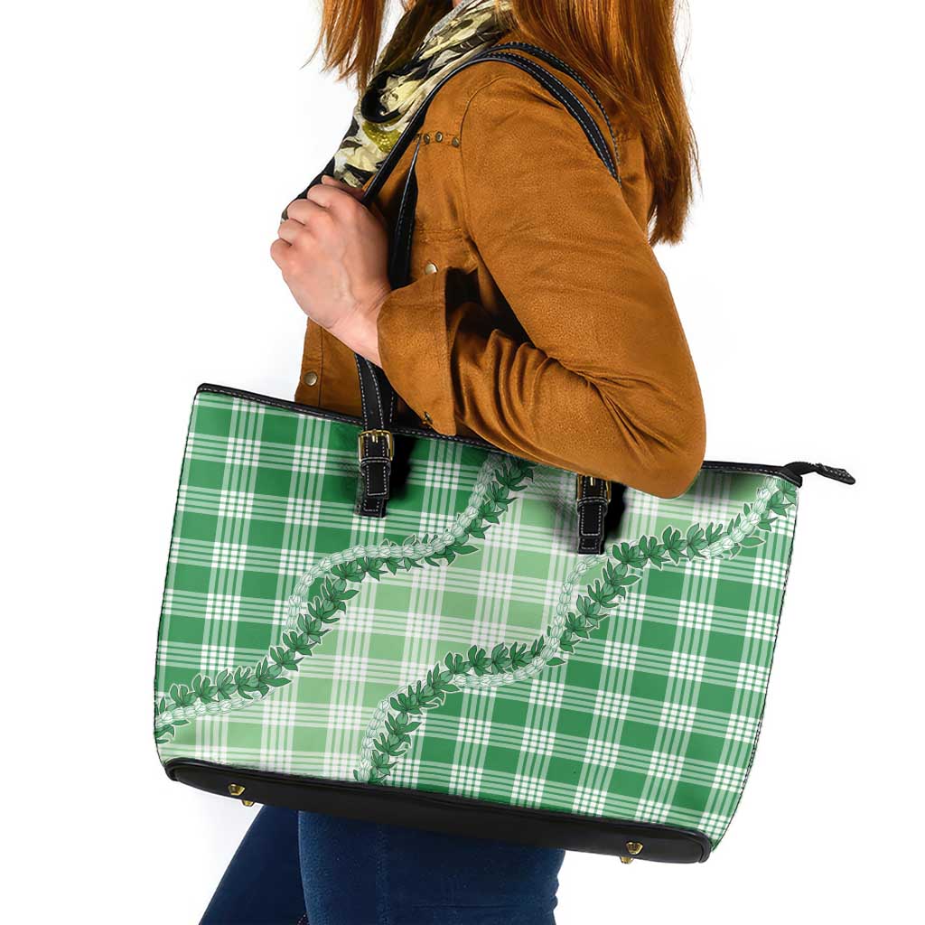 Green Hawaii Palaka Leather Tote Bag Hawaiian Pikake Lei
