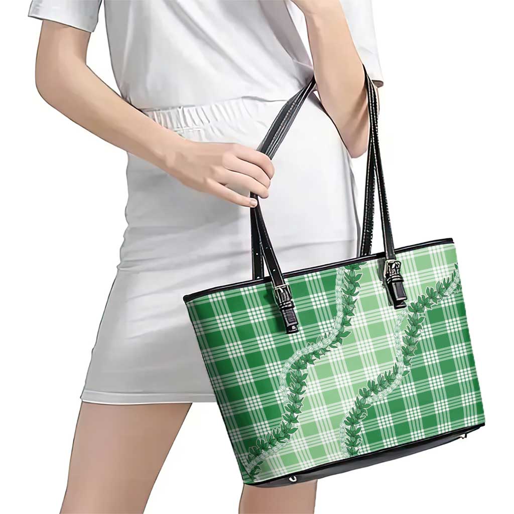 Green Hawaii Palaka Leather Tote Bag Hawaiian Pikake Lei