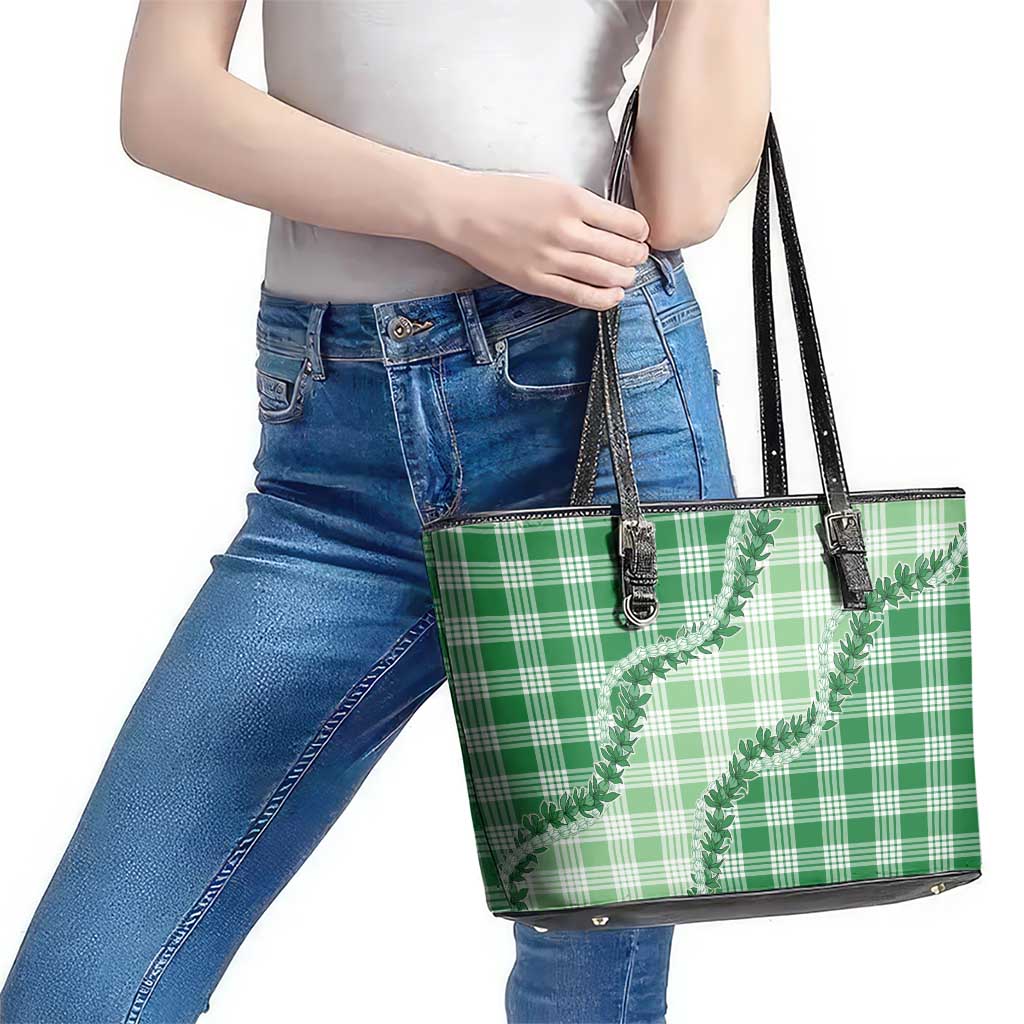 Green Hawaii Palaka Leather Tote Bag Hawaiian Pikake Lei