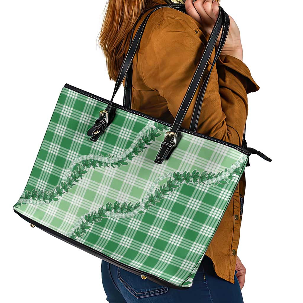 Green Hawaii Palaka Leather Tote Bag Hawaiian Pikake Lei