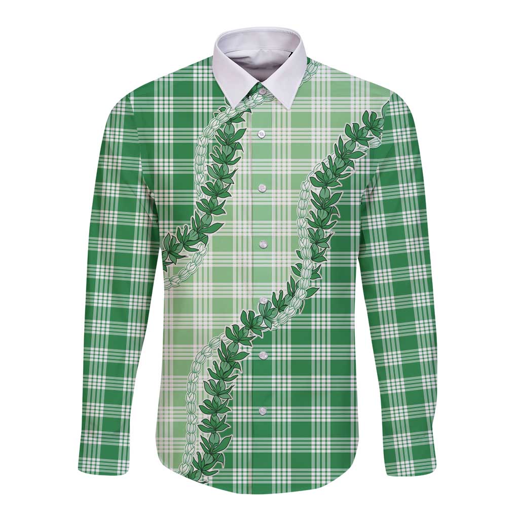 Green Hawaii Palaka Long Sleeve Button Shirt Hawaiian Pikake Lei