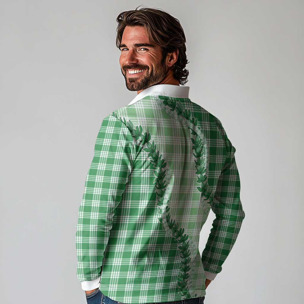 Green Hawaii Palaka Long Sleeve Polo Shirt Hawaiian Pikake Lei