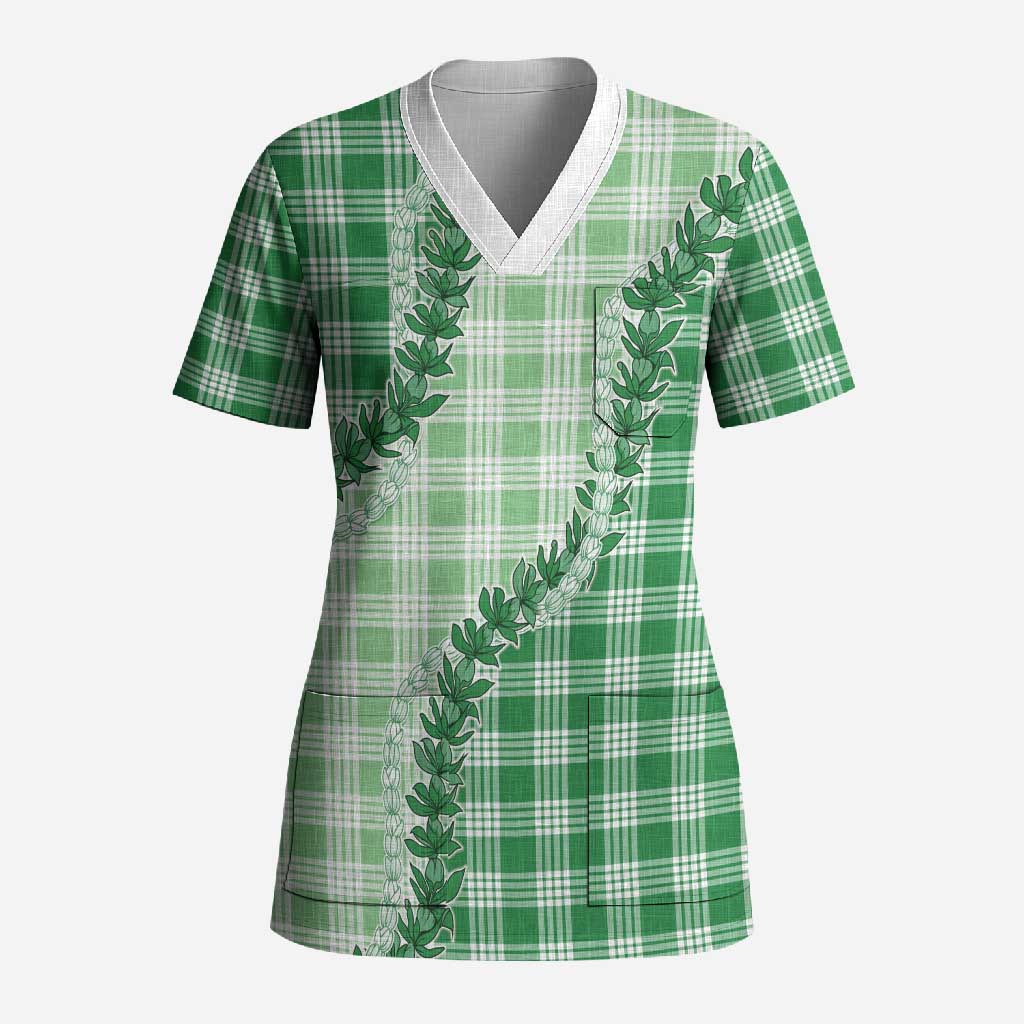 Green Hawaii Palaka Scrub Top Hawaiian Pikake Lei
