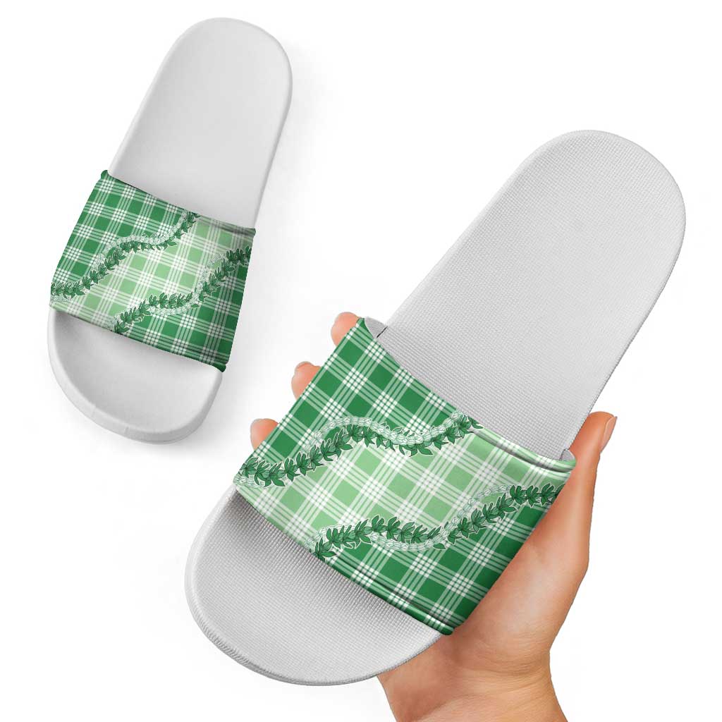 Green Hawaii Palaka Slide Sandals Hawaiian Pikake Lei