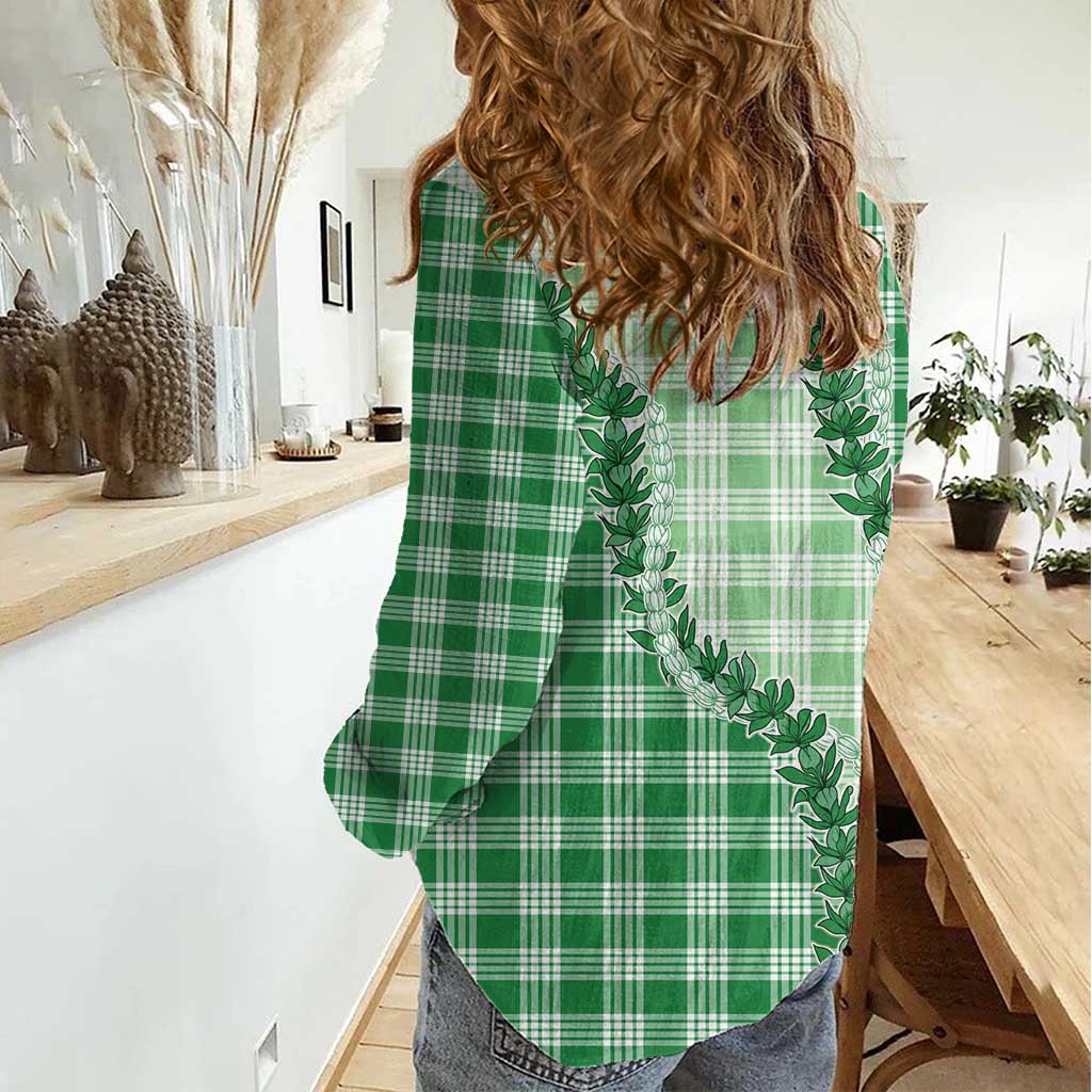 Green Hawaii Palaka Women Casual Shirt Hawaiian Pikake Lei