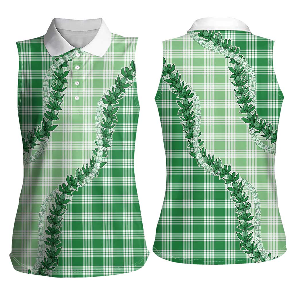 Green Hawaii Palaka Women Sleeveless Polo Shirt Hawaiian Pikake Lei
