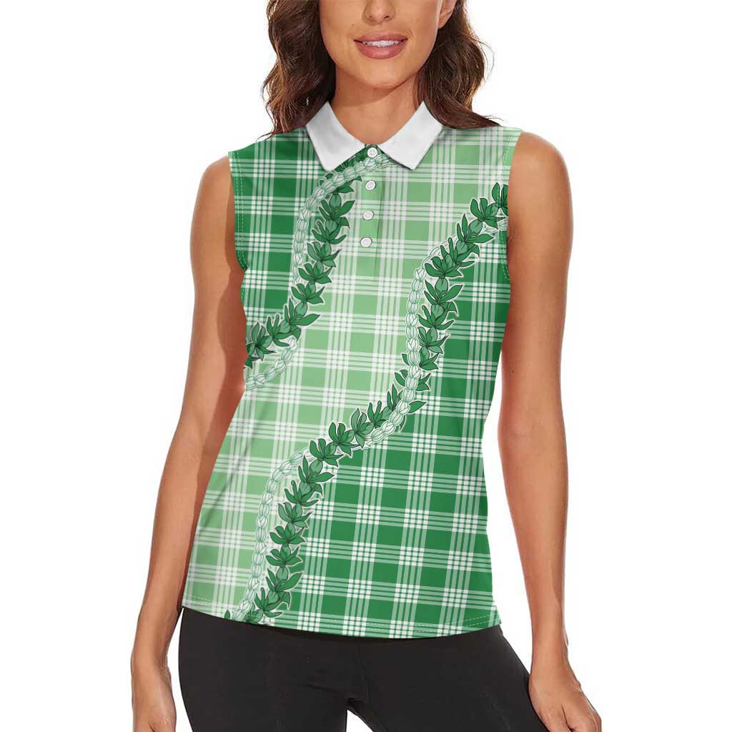 Green Hawaii Palaka Women Sleeveless Polo Shirt Hawaiian Pikake Lei