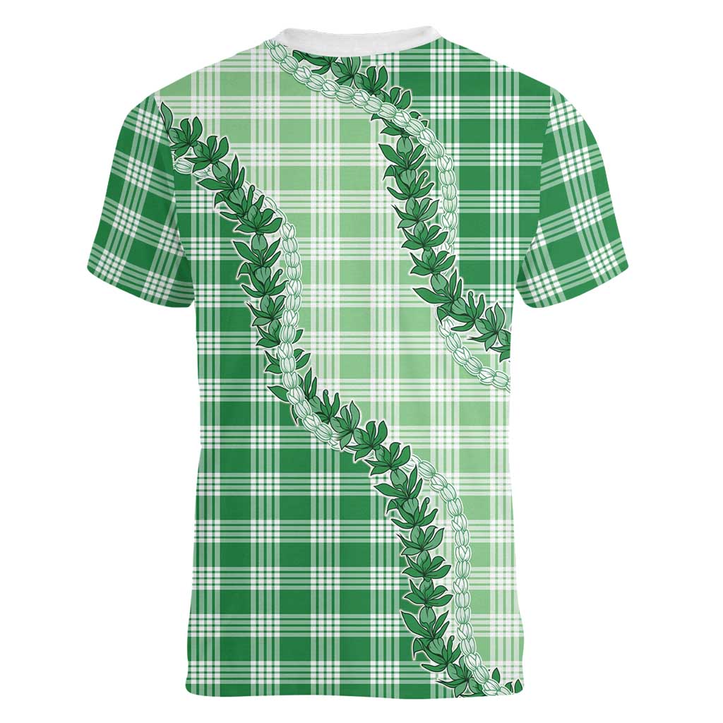 Green Hawaii Palaka Women V-Neck T-Shirt Hawaiian Pikake Lei