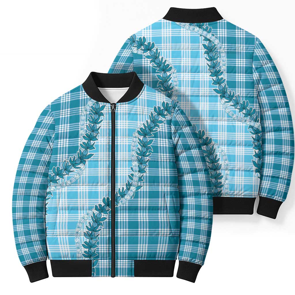 Blue Hawaii Palaka Bomber Puffer Jacket Hawaiian Pikake Lei