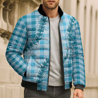 Blue Hawaii Palaka Bomber Puffer Jacket Hawaiian Pikake Lei