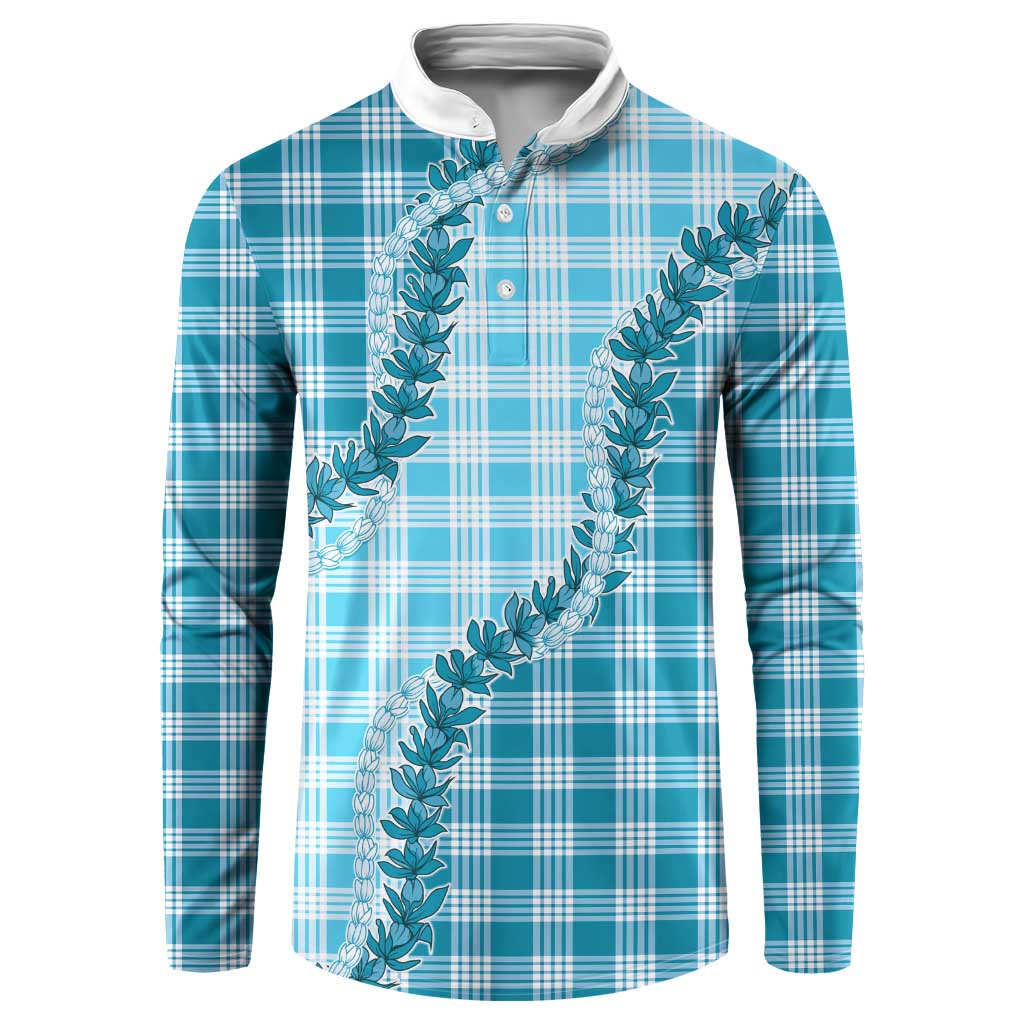 Blue Hawaii Palaka Button Sweatshirt Hawaiian Pikake Lei