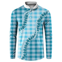 Blue Hawaii Palaka Button Sweatshirt Hawaiian Pikake Lei