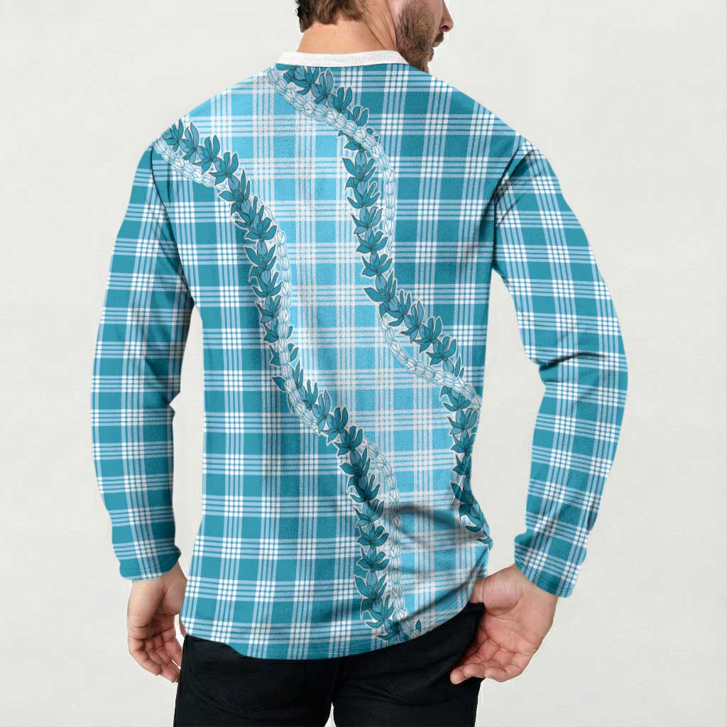 Blue Hawaii Palaka Button Sweatshirt Hawaiian Pikake Lei