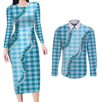 Blue Hawaii Palaka Couples Matching Long Sleeve Bodycon Dress and Long Sleeve Button Shirt Hawaiian Pikake Lei LT05 Blue - Polynesian Pride