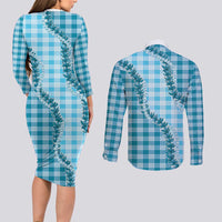 Blue Hawaii Palaka Couples Matching Long Sleeve Bodycon Dress and Long Sleeve Button Shirt Hawaiian Pikake Lei LT05 - Polynesian Pride