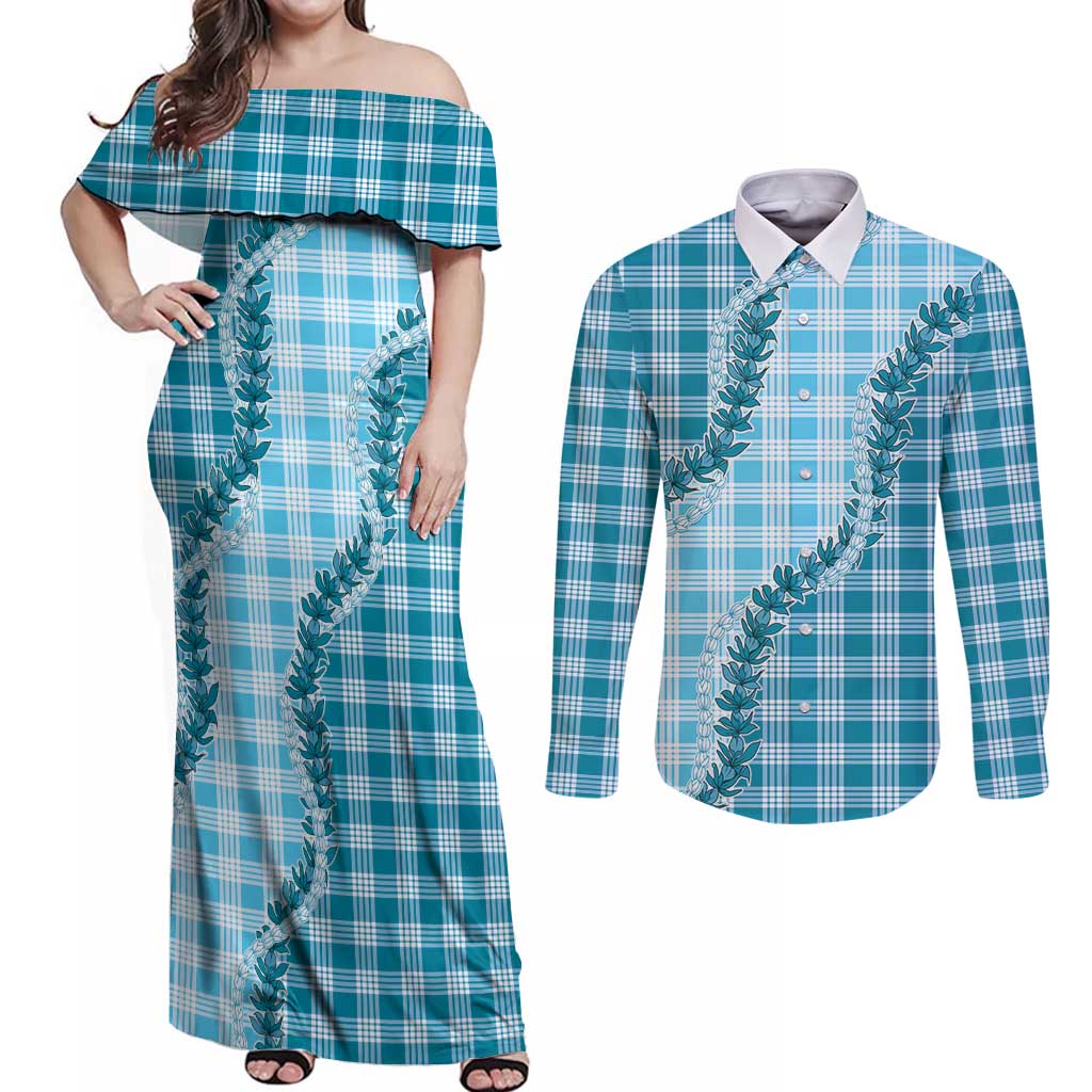Blue Hawaii Palaka Couples Matching Off Shoulder Maxi Dress and Long Sleeve Button Shirt Hawaiian Pikake Lei