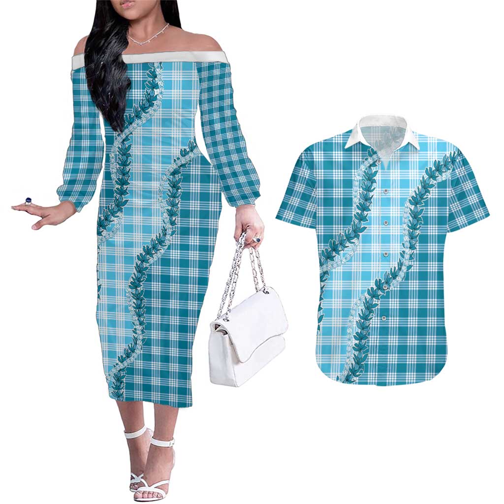 Blue Hawaii Palaka Couples Matching Off The Shoulder Long Sleeve Dress and Hawaiian Shirt Hawaiian Pikake Lei LT05 Blue - Polynesian Pride
