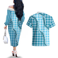 Blue Hawaii Palaka Couples Matching Off The Shoulder Long Sleeve Dress and Hawaiian Shirt Hawaiian Pikake Lei LT05 - Polynesian Pride