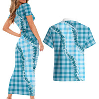 Blue Hawaii Palaka Couples Matching Short Sleeve Bodycon Dress and Hawaiian Shirt Hawaiian Pikake Lei