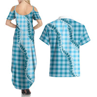 Blue Hawaii Palaka Couples Matching Summer Maxi Dress and Hawaiian Shirt Hawaiian Pikake Lei LT05 - Polynesian Pride
