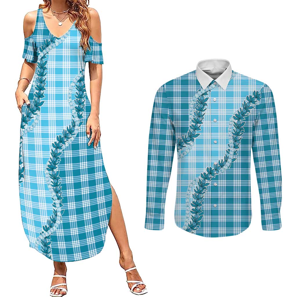 Blue Hawaii Palaka Couples Matching Summer Maxi Dress and Long Sleeve Button Shirt Hawaiian Pikake Lei