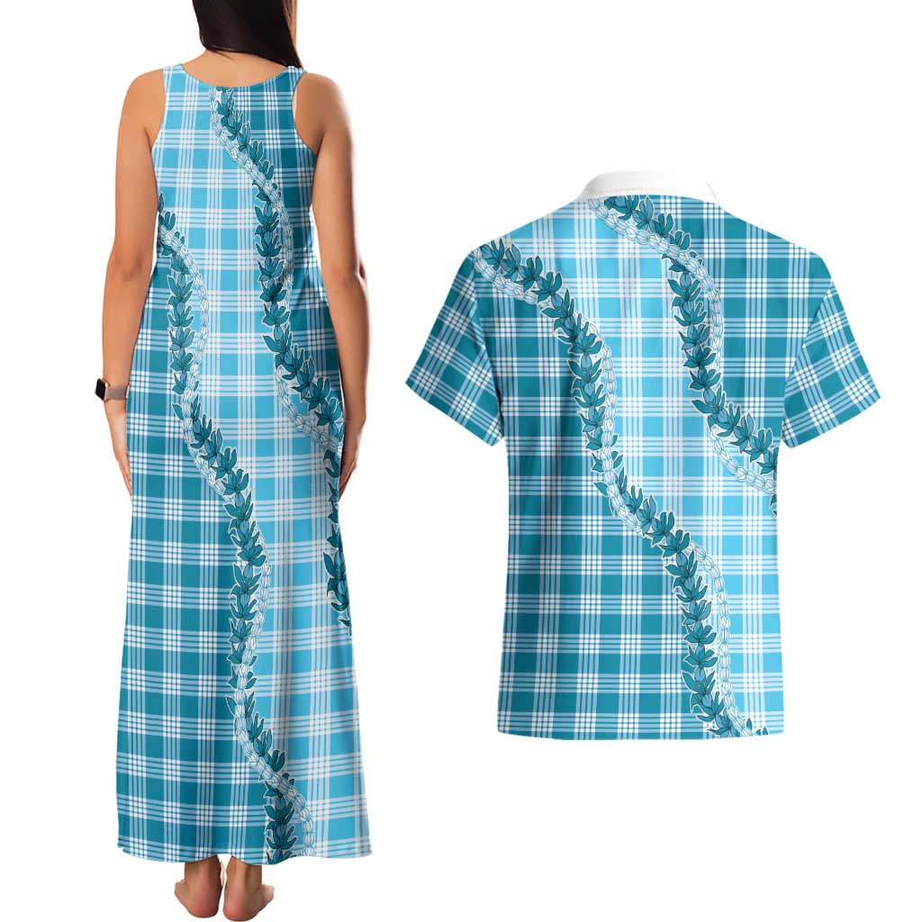 Blue Hawaii Palaka Couples Matching Tank Maxi Dress and Hawaiian Shirt Hawaiian Pikake Lei LT05 - Polynesian Pride