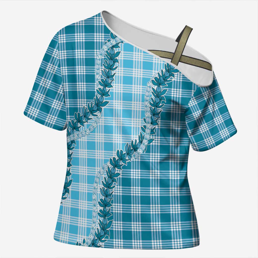 Blue Hawaii Palaka Cross Shoulder Shirt Hawaiian Pikake Lei