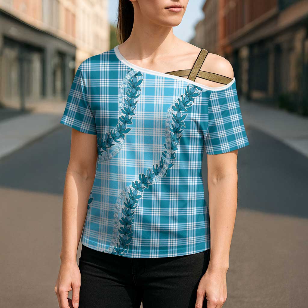 Blue Hawaii Palaka Cross Shoulder Shirt Hawaiian Pikake Lei