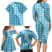 Blue Hawaii Palaka Family Matching Long Sleeve Bodycon Dress and Hawaiian Shirt Hawaiian Pikake Lei LT05 - Polynesian Pride