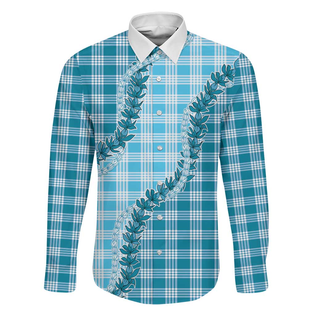 Blue Hawaii Palaka Family Matching Mermaid Dress and Hawaiian Shirt Hawaiian Pikake Lei LT05 Dad's Shirt - Long Sleeve Blue - Polynesian Pride