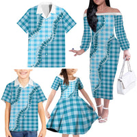 Blue Hawaii Palaka Family Matching Off The Shoulder Long Sleeve Dress and Hawaiian Shirt Hawaiian Pikake Lei LT05 - Polynesian Pride