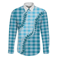 Blue Hawaii Palaka Family Matching Off The Shoulder Long Sleeve Dress and Hawaiian Shirt Hawaiian Pikake Lei LT05 Dad's Shirt - Long Sleeve Blue - Polynesian Pride
