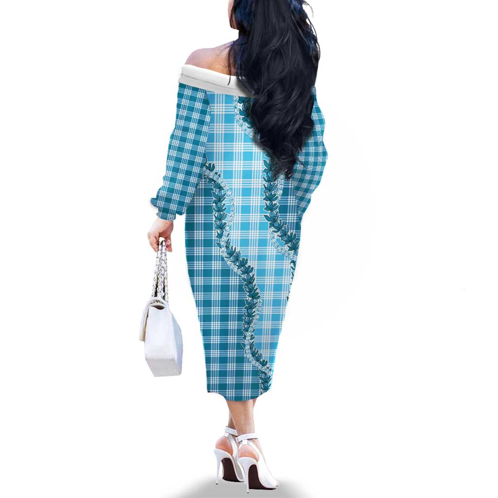 Blue Hawaii Palaka Family Matching Off The Shoulder Long Sleeve Dress and Hawaiian Shirt Hawaiian Pikake Lei LT05 - Polynesian Pride