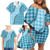Blue Hawaii Palaka Family Matching Off Shoulder Short Dress and Hawaiian Shirt Hawaiian Pikake Lei LT05 - Polynesian Pride